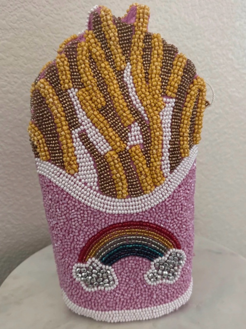 Hand-Beaded Pink Crossbody Bag with Rainbow & Fries Motif